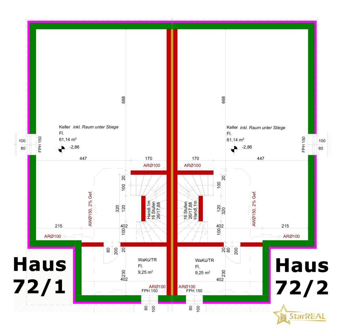 Grundriss des Kellergeschosses von zwei Doppelhaushälften mit Abstellräumen und Technikbereich.