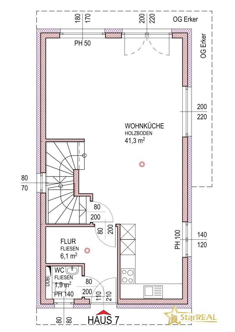 Detaillierter Grundriss des Erdgeschosses von Haus 7 mit Wohnküche und Fliesenboden.