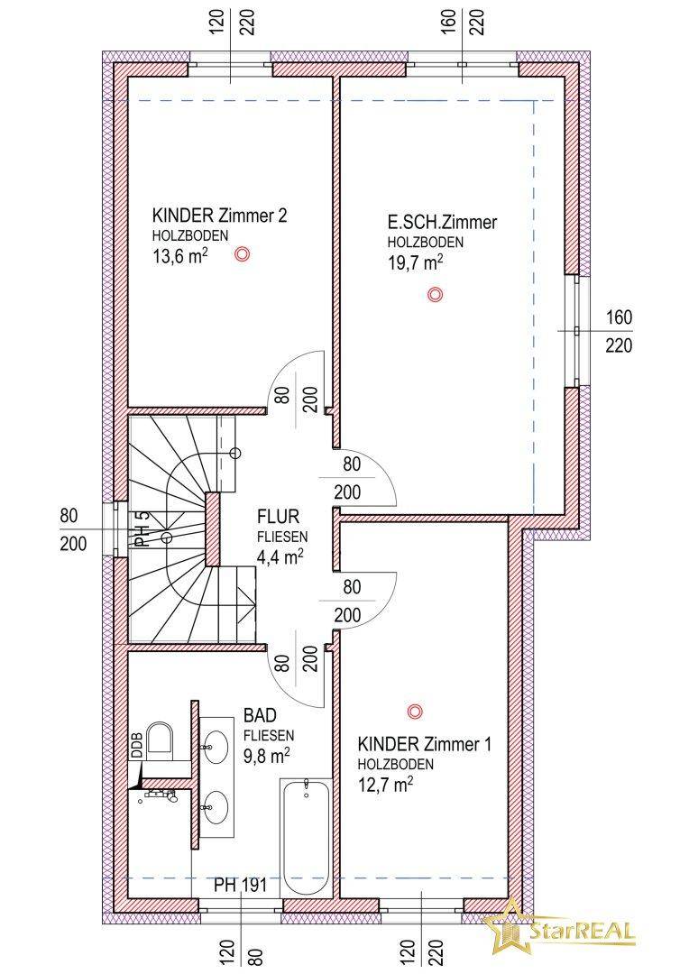 Grundriss des Obergeschosses von Haus 7 mit drei Schlafzimmern und einem Badezimmer.