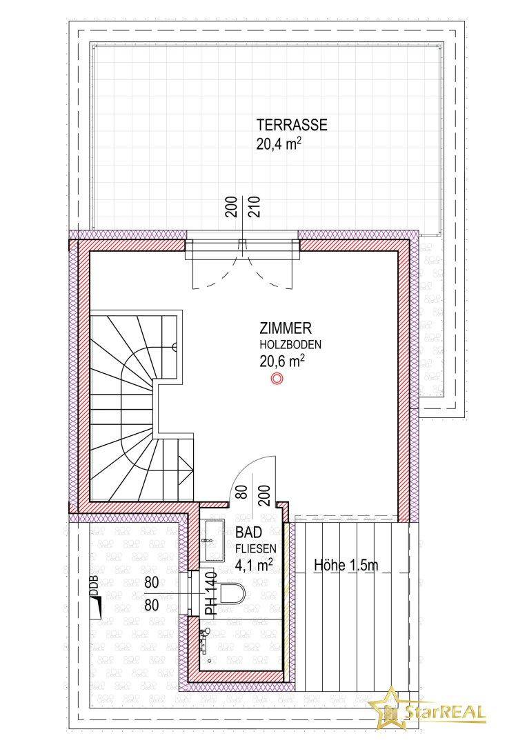 Grundrissplan zeigt ein Zimmer mit Holzboden, ein Badezimmer mit Fliesen und eine große Terrasse.