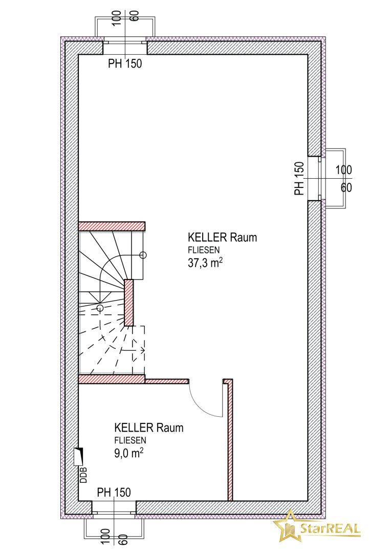 Grundriss des Kellergeschosses von Haus 7 mit zwei Kellerräumen und Treppenzugang.