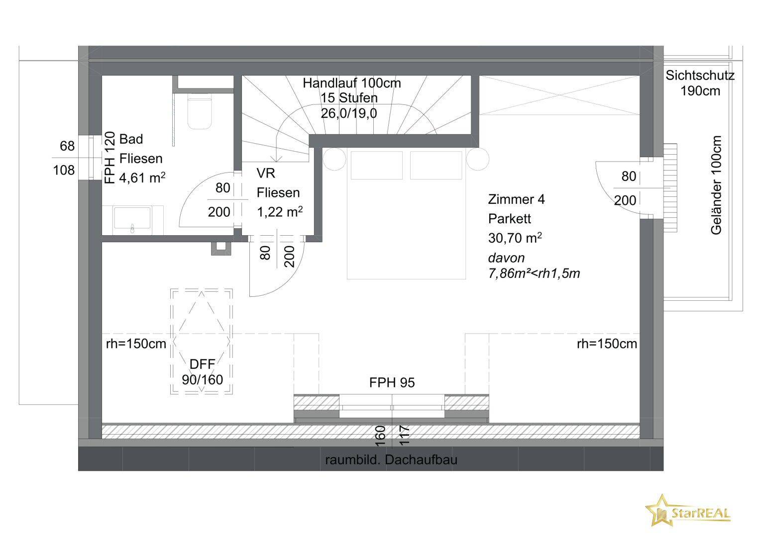Grundriss des Dachgeschosses mit einem großen Schlafzimmer und einem kleinen Badezimmer.