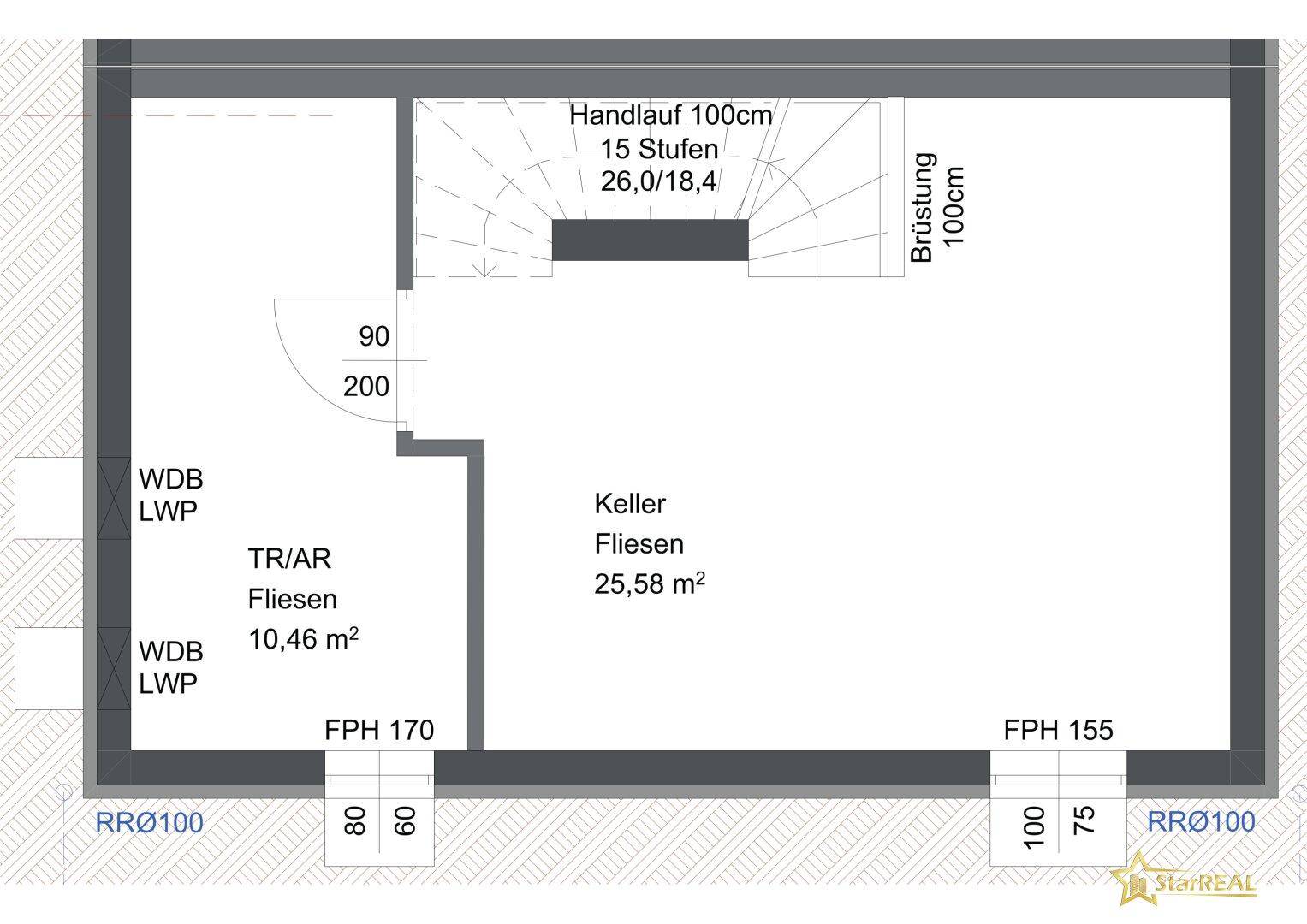 Grundriss des Kellergeschosses mit einem großen Kellerraum und einem Hauswirtschaftsraum.