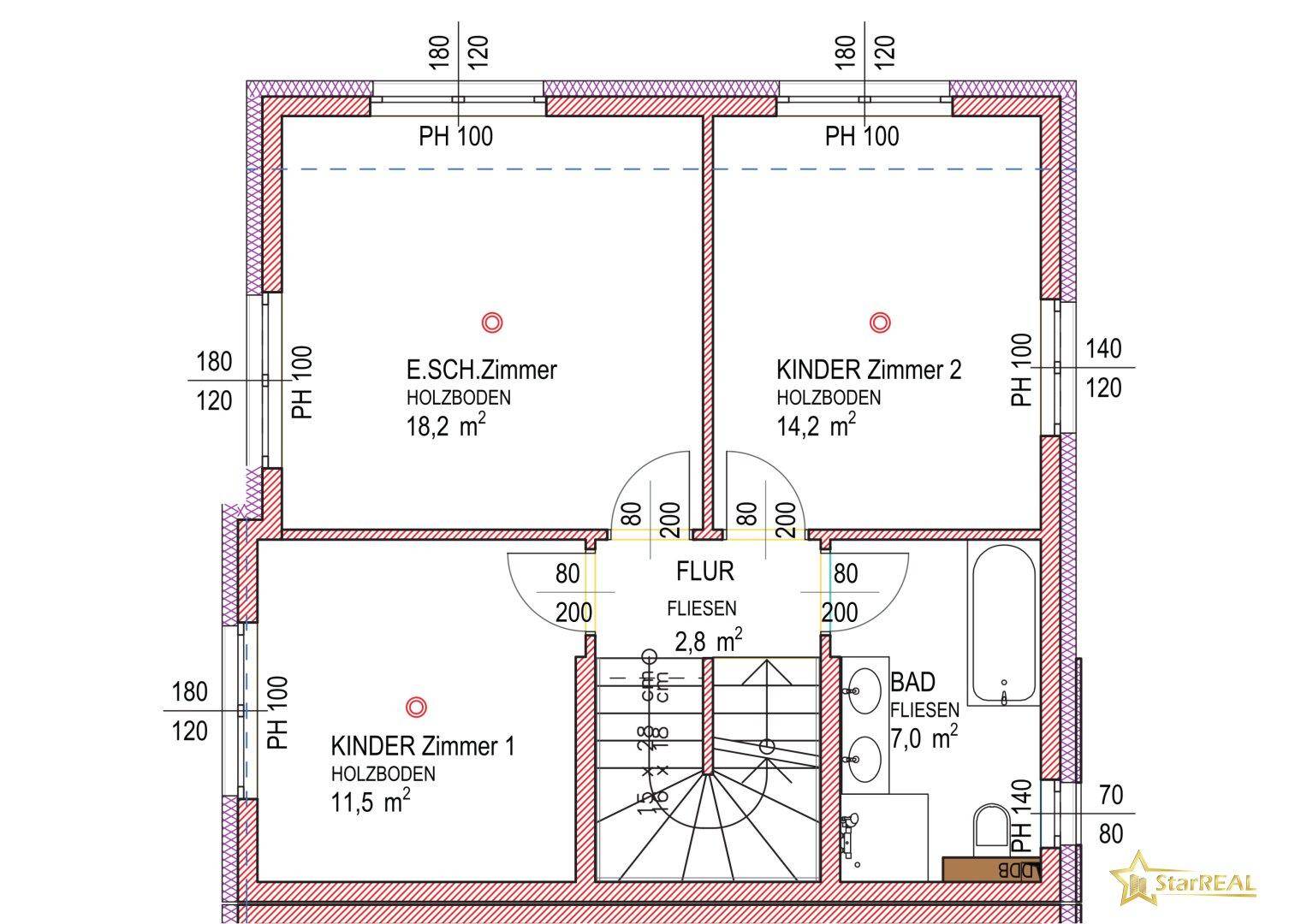 Grundriss des Obergeschosses mit drei Schlafzimmern, Flur und Badezimmer.