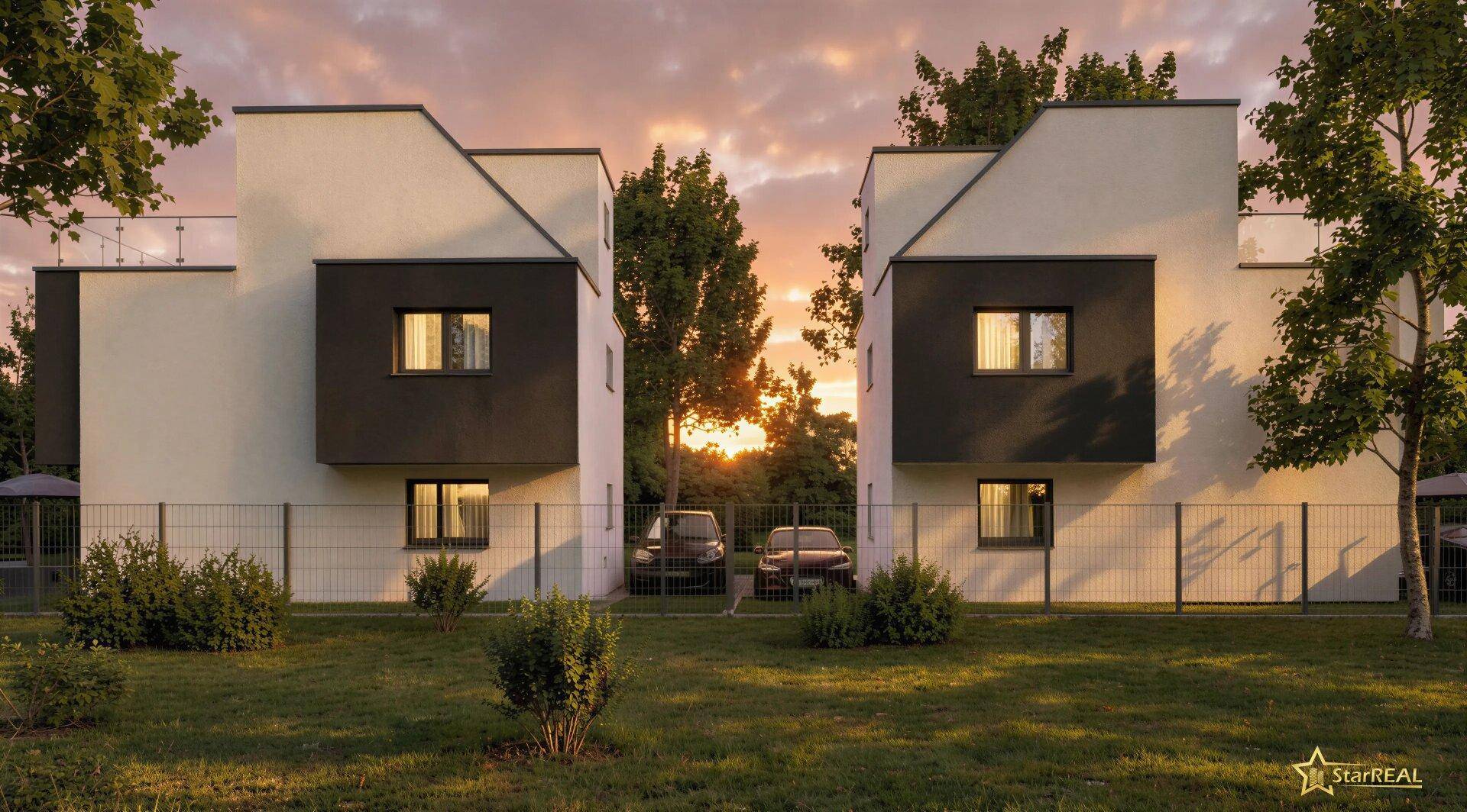 Zwei moderne Häuser mit schlichter Architektur und grüner Umgebung im Abendlicht.