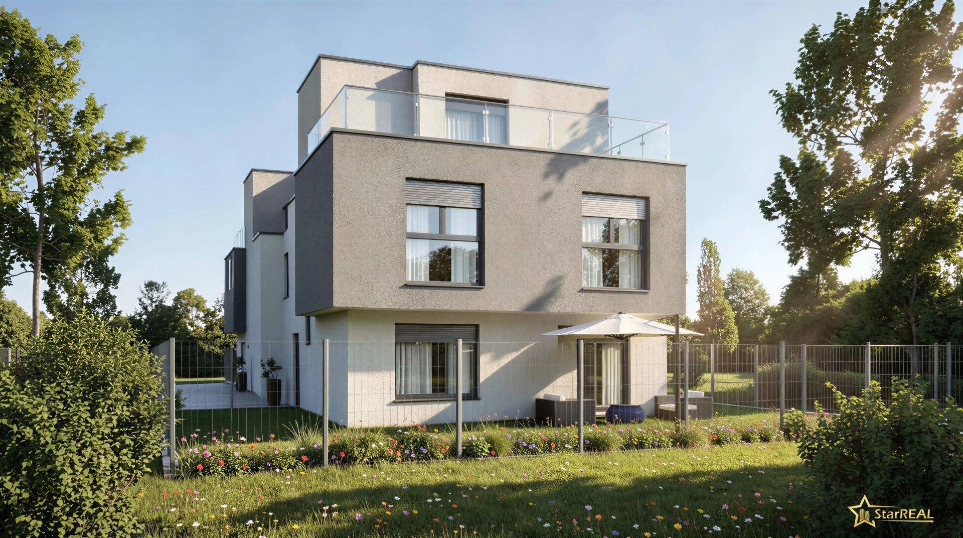 Rückansicht eines modernen Hauses mit blühendem Garten und gemütlicher Terrasse.