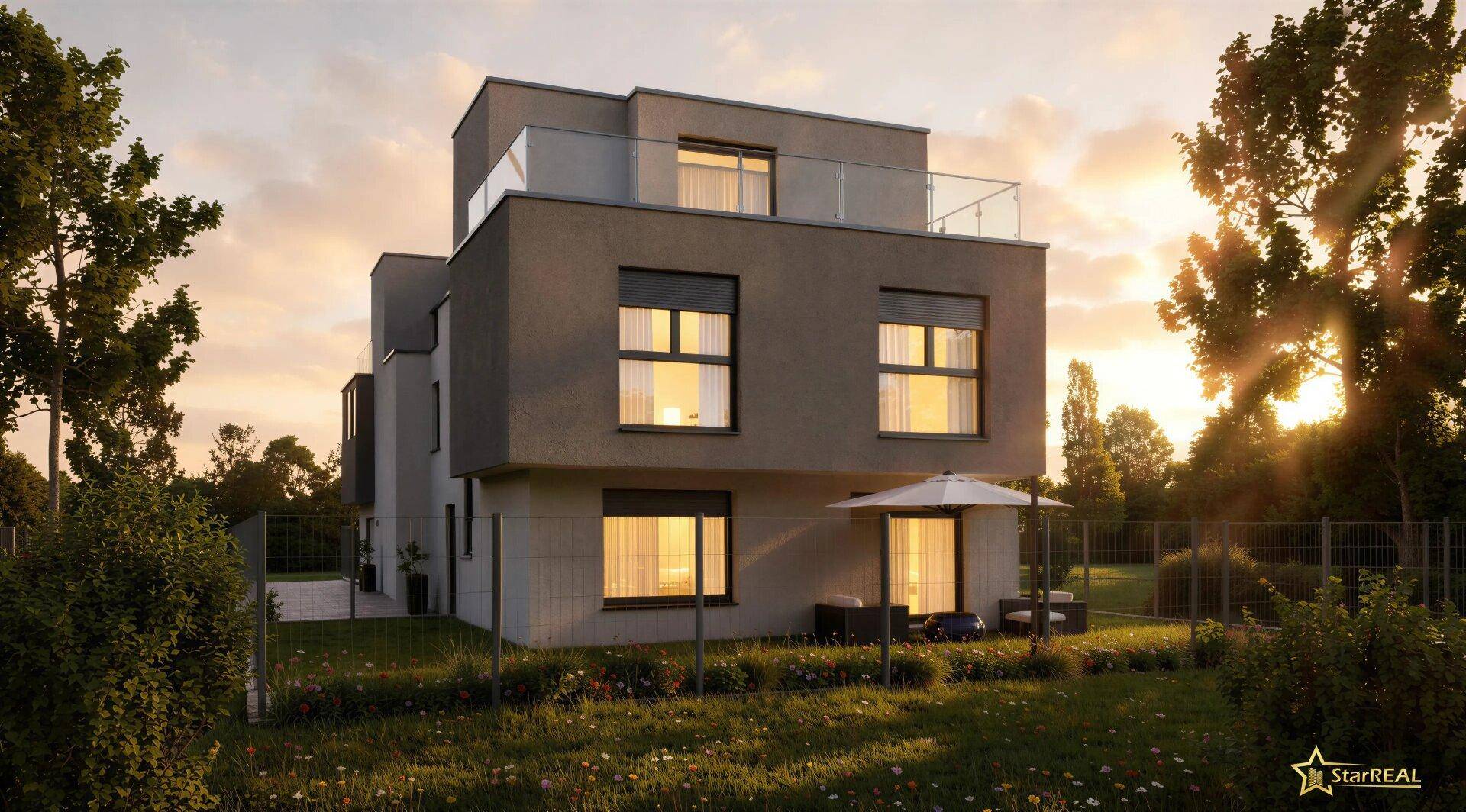 Rückansicht eines modernen Hauses mit Garten, Terrasse und Sitzgelegenheiten bei Sonnenuntergang.