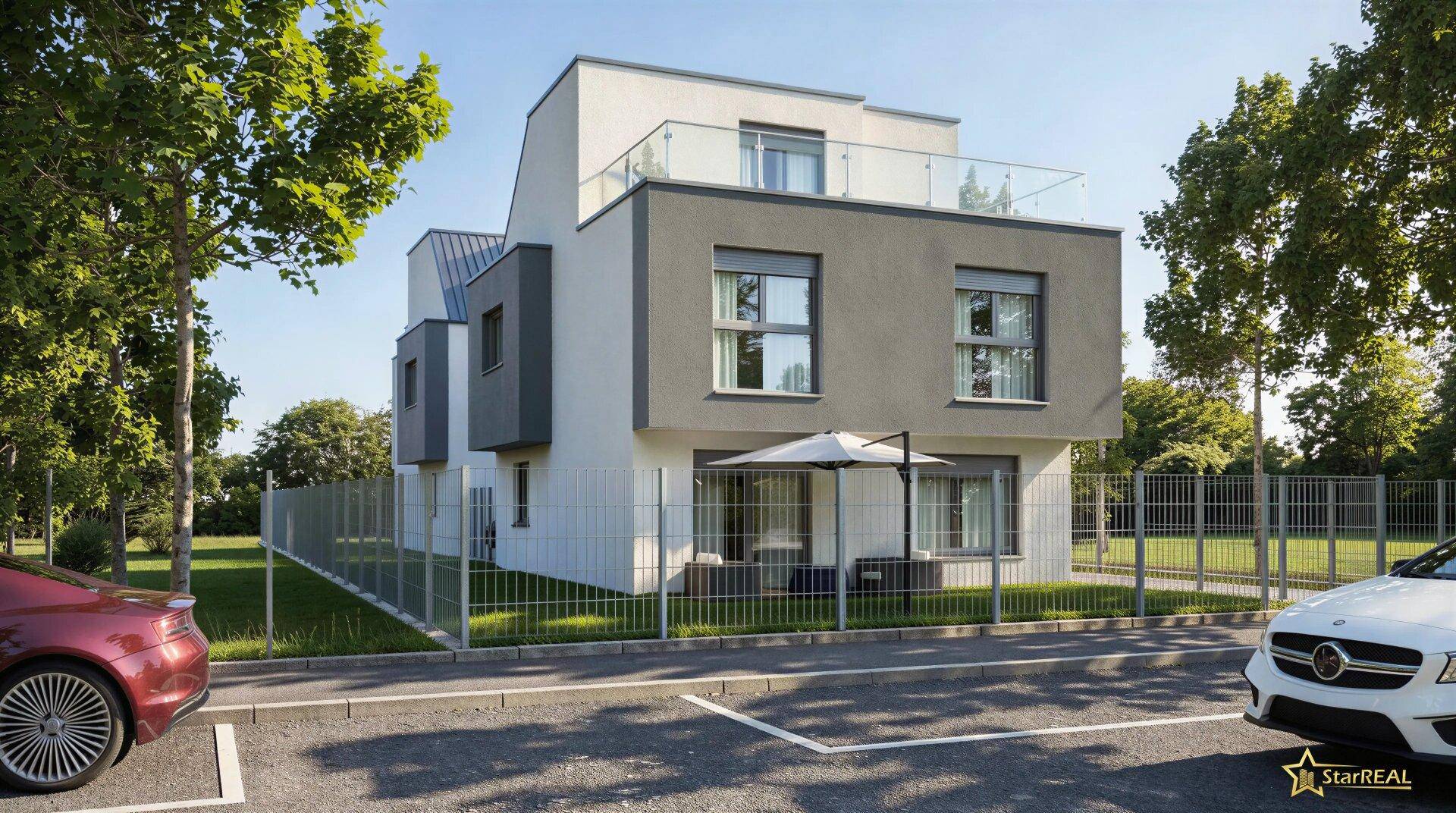 Moderne Architektur eines Einfamilienhauses mit weißer und grauer Fassade und gepflegtem Vorgarten.