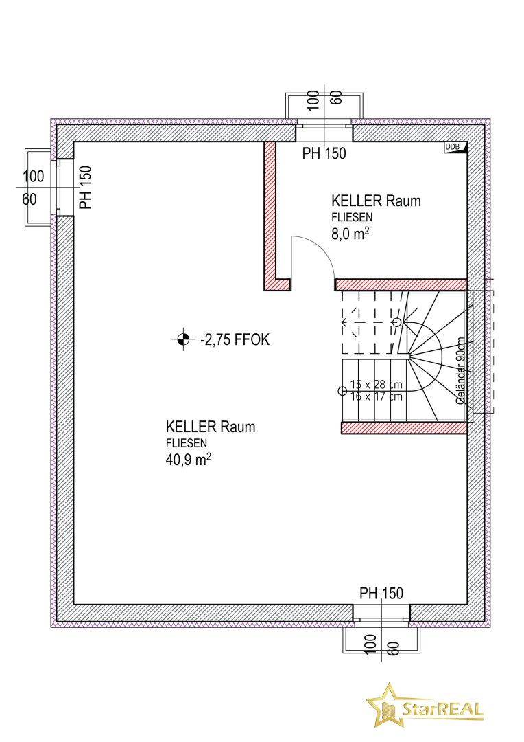 Grundriss des Kellers mit zwei geräumigen Kellerräumen und Treppenaufgang.