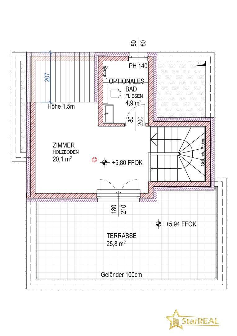 Grundriss des Dachgeschosses mit Zimmer, optionalem Bad und großer Dachterrasse.