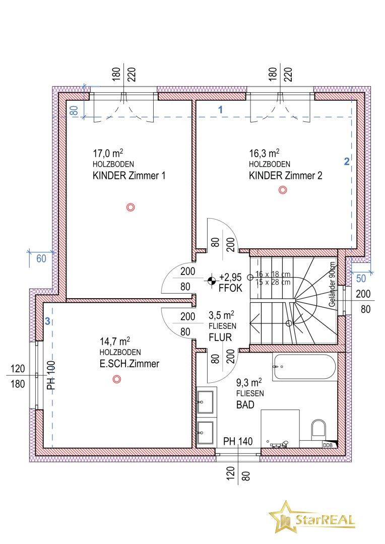 Grundriss des Obergeschosses mit drei Schlafzimmern, Badezimmer und Flur.