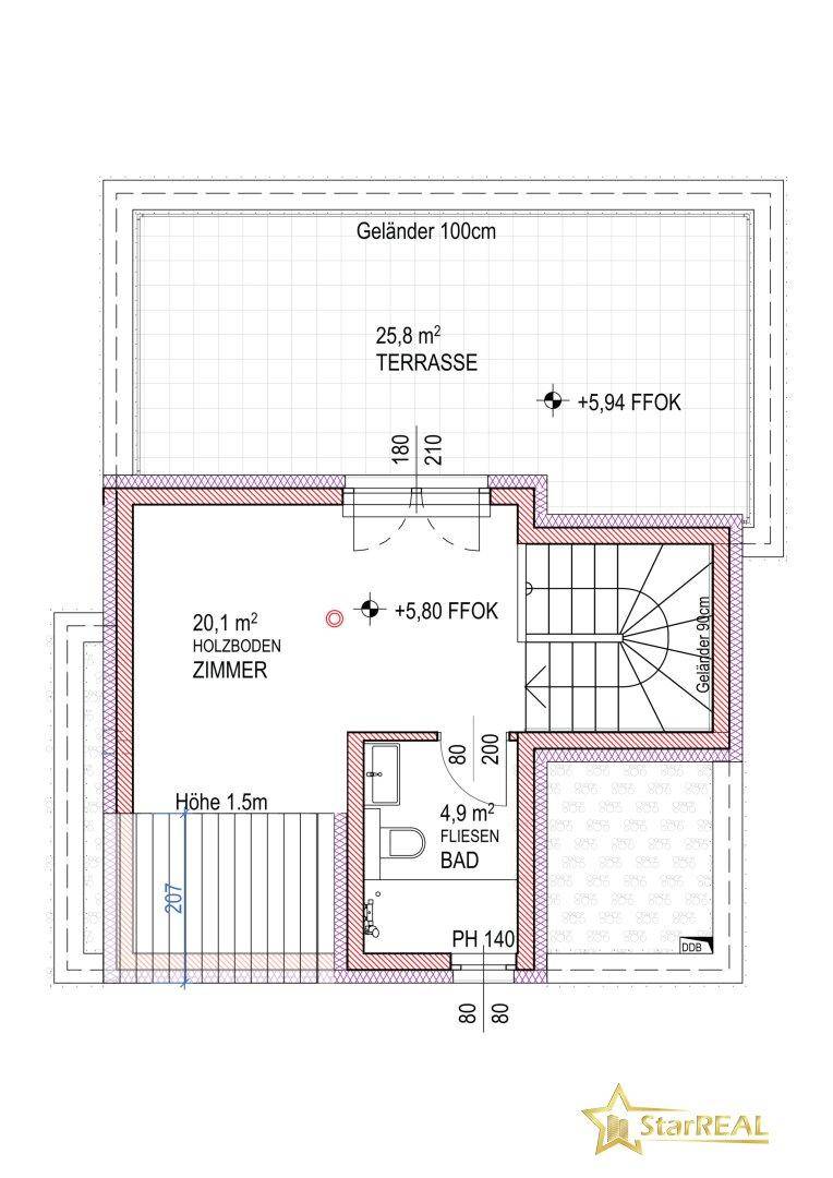 Grundriss des Dachgeschosses mit Zimmer, Bad und großer Dachterrasse.