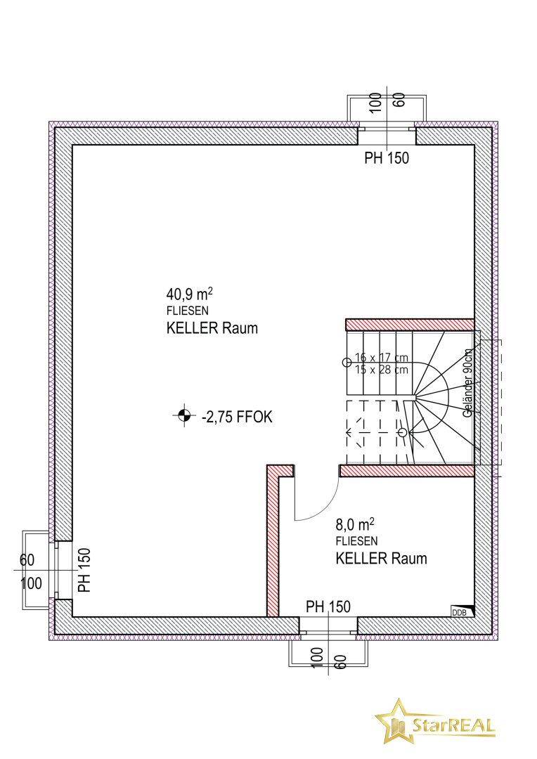 Grundriss des Kellergeschosses mit zwei Kellerräumen und Treppenzugang.