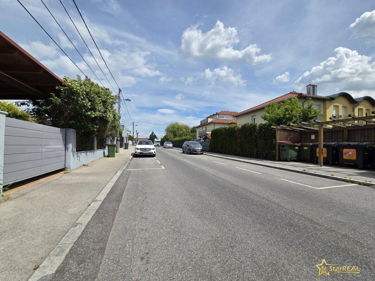 Ruhige Wohnstraße mit gepflegten Häusern und parkenden Autos unter leicht bewölktem Himmel.
