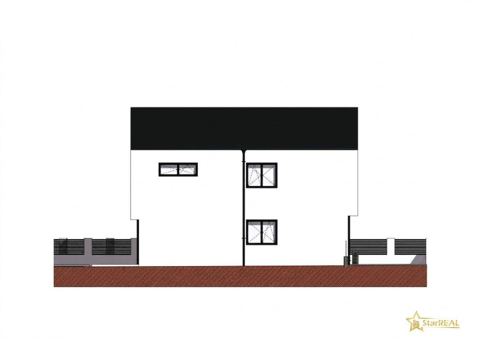 Seitenansicht des Doppelhauses mit schlichtem Design und mehreren Fenstern.