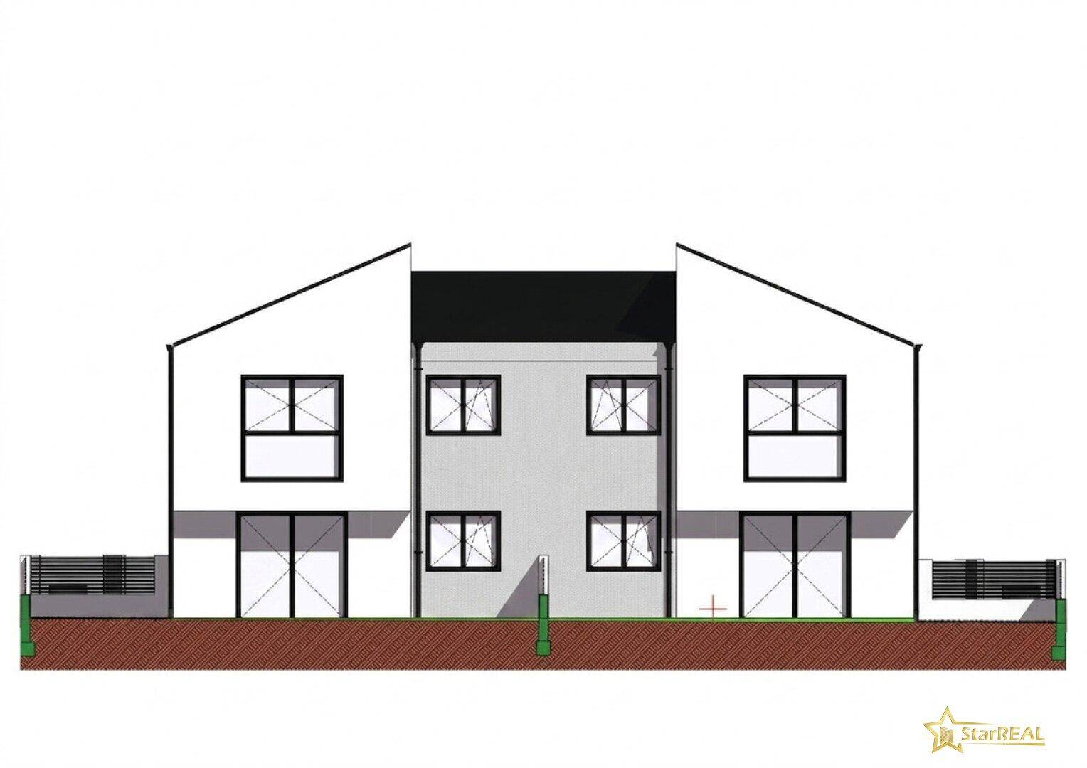 Rückansicht des Doppelhauses mit Terrassenzugängen und Fenstern auf zwei Etagen.