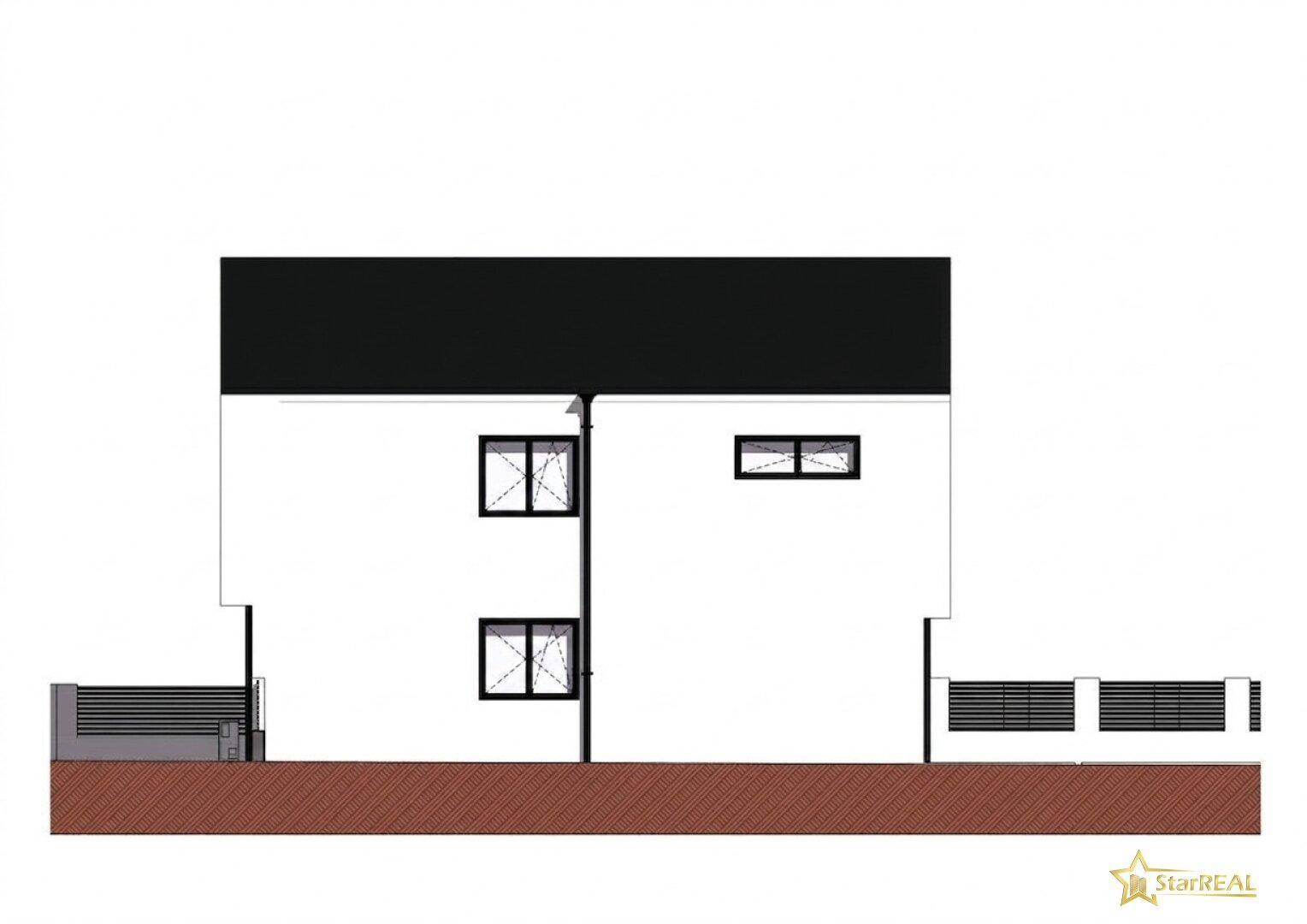 Seitenansicht des Doppelhauses, die die schlichte Fassade und Fensteranordnung zeigt.