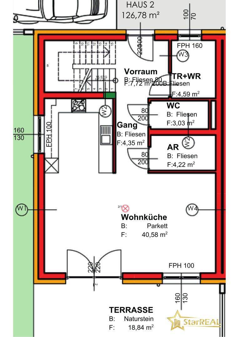 Detaillierter Grundriss des Erdgeschosses von Haus 2 mit Wohnküche und WC.