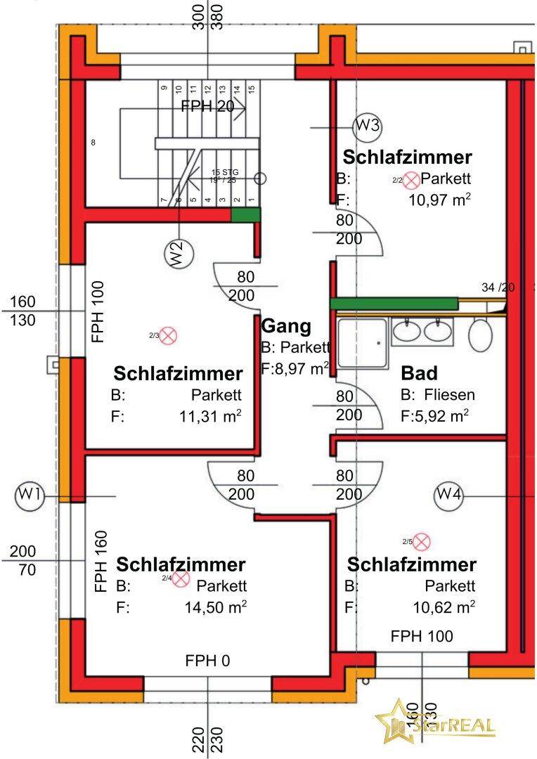 Grundriss des Obergeschosses von Haus 2 mit vier Schlafzimmern und einem Badezimmer.