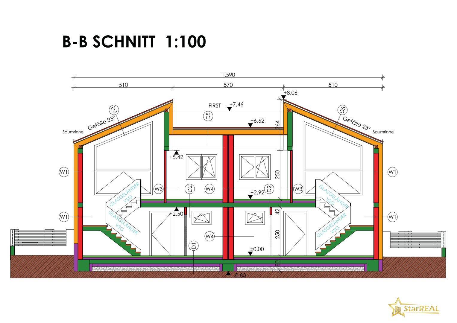 Querschnitt des Doppelhauses, der die interne Struktur, Dachneigung und Geschossebenen darstellt.