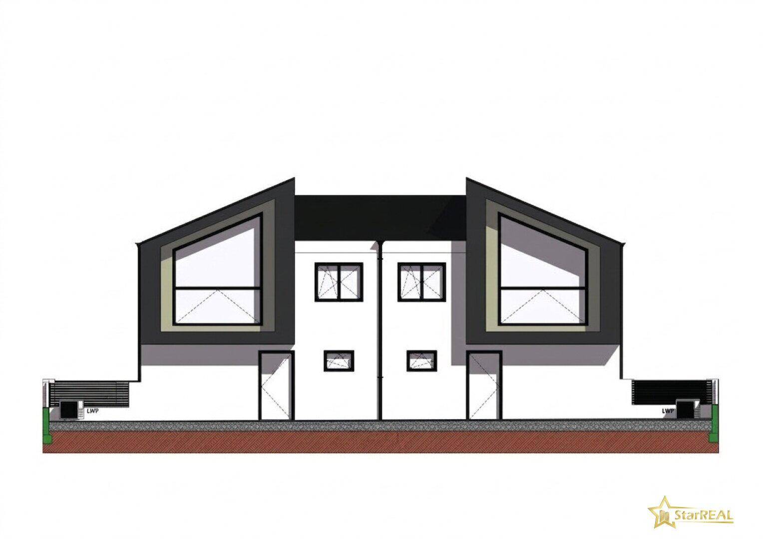 Architektonische Zeichnung der Vorderansicht eines Doppelhauses mit modernem Dachdesign.