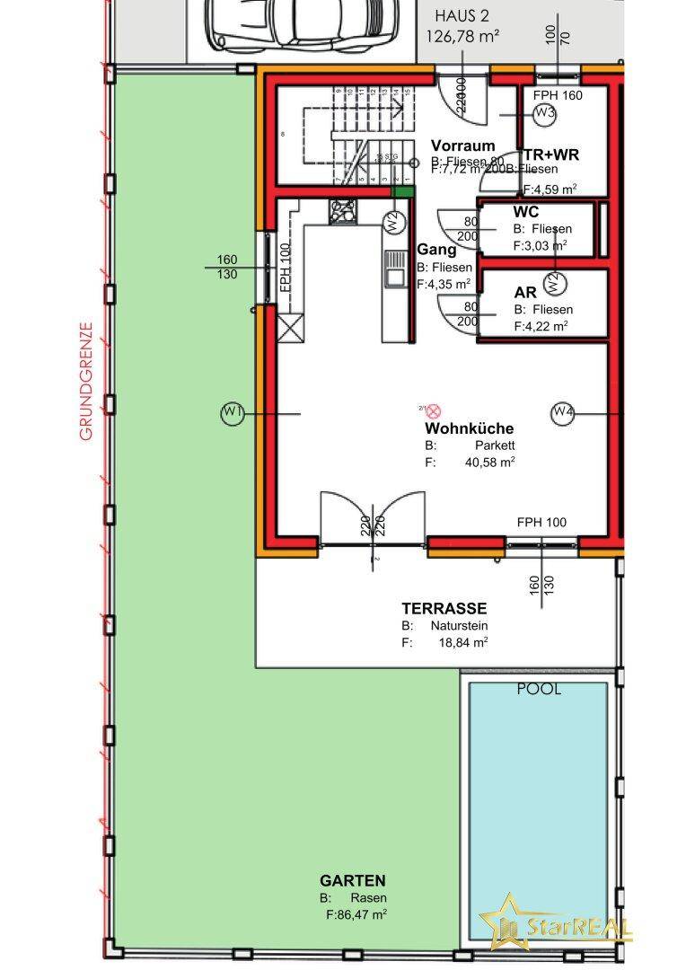 Grundriss des Erdgeschosses von Haus 2 mit Wohnküche, Terrasse, Garten und Pool.
