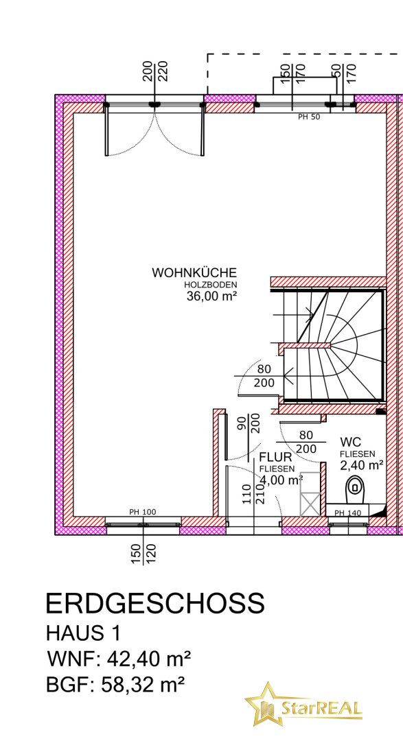 Grundriss des Erdgeschosses von Haus 1 mit offener Wohnküche, Flur und separatem WC.
