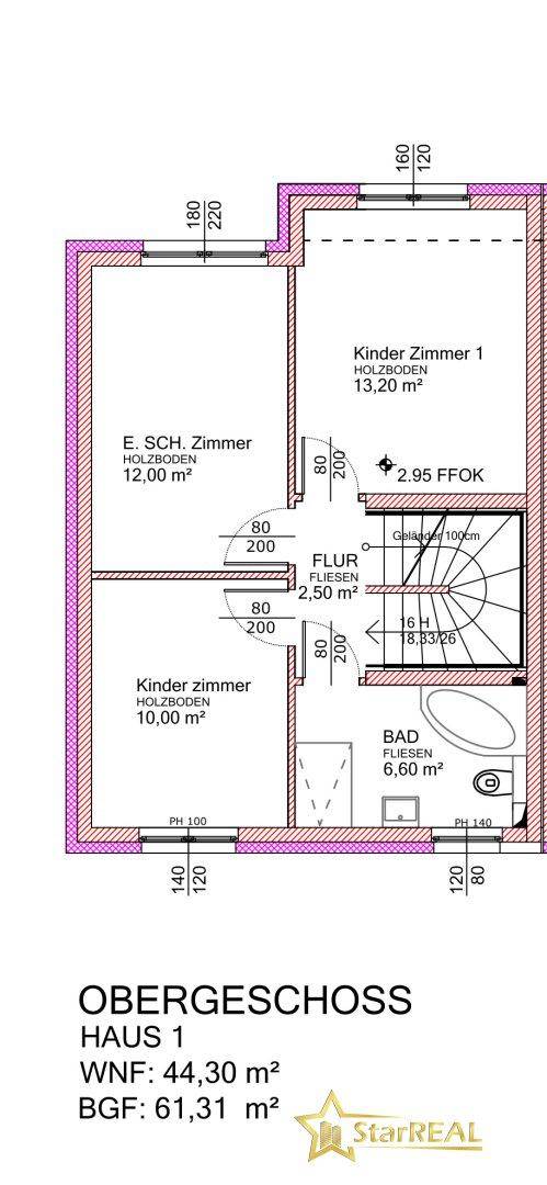 Grundriss des Obergeschosses von Haus 1 mit drei Schlafzimmern und einem Badezimmer.