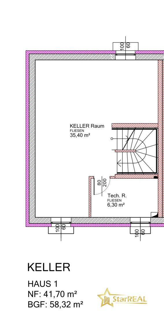 Grundriss des Kellers von Haus 1 mit großem Kellerraum und Technikraum.