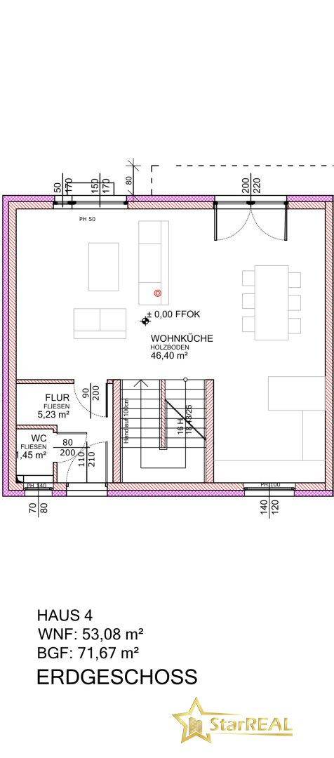 Grundriss des Erdgeschosses von Haus 4 mit offener Wohnküche und Gäste-WC.