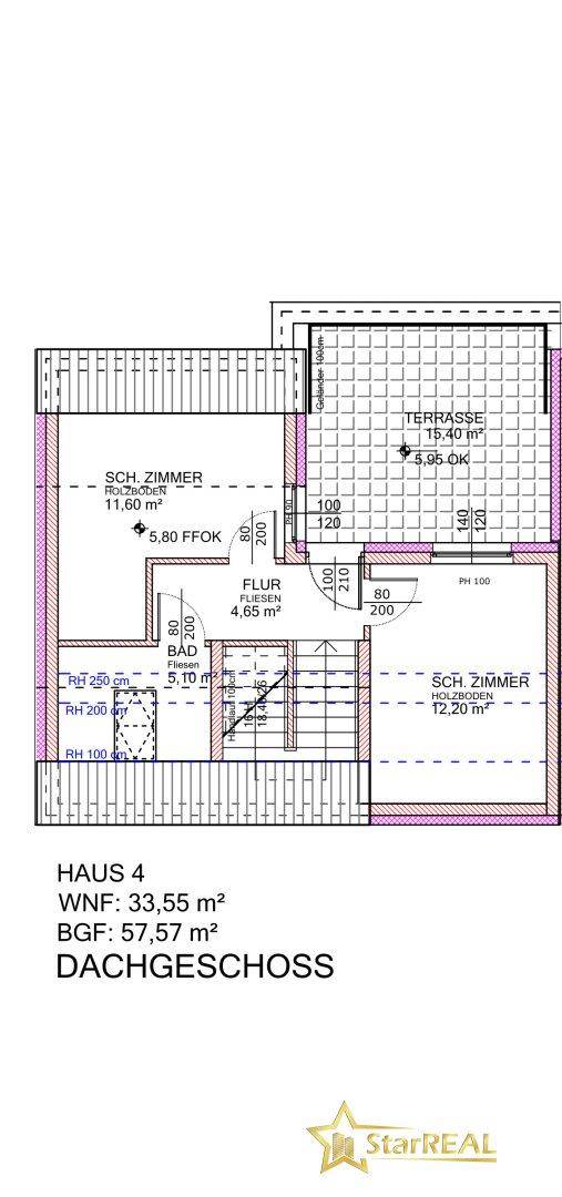 Grundriss des Dachgeschosses von Haus 4 mit Schlafzimmer, Bad und großer Terrasse.