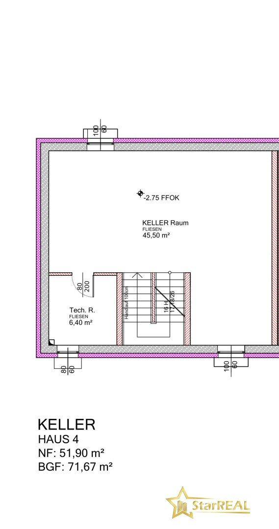 Grundriss des Kellers von Haus 4 mit großem Kellerraum und Technikraum.