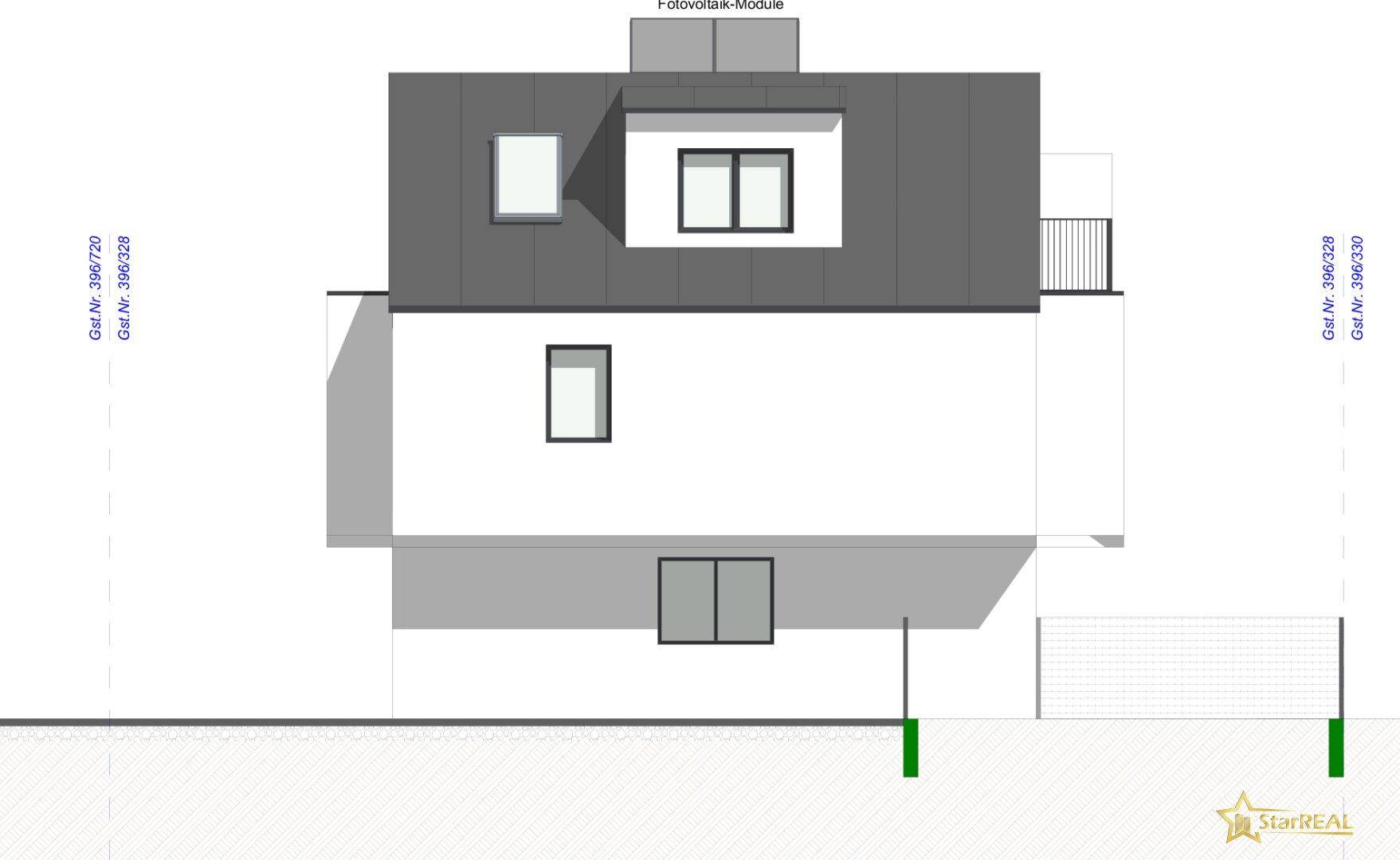 Seitenansicht einer Doppelhaushälfte mit Fenster und Photovoltaik-Modulen auf dem Dach.