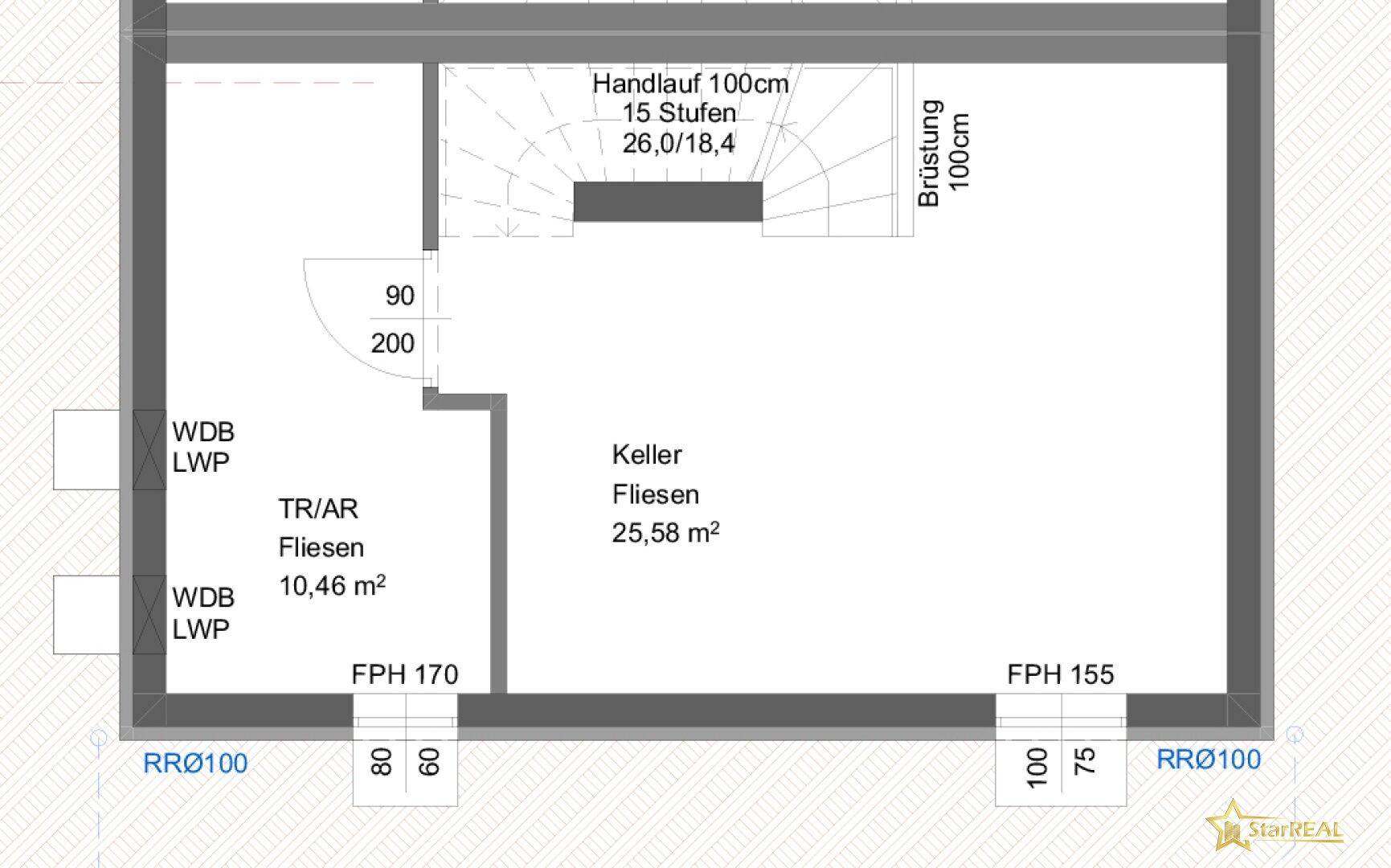 Grundriss des Kellergeschosses mit großem Kellerraum, Abstellraum und Treppenzugang.