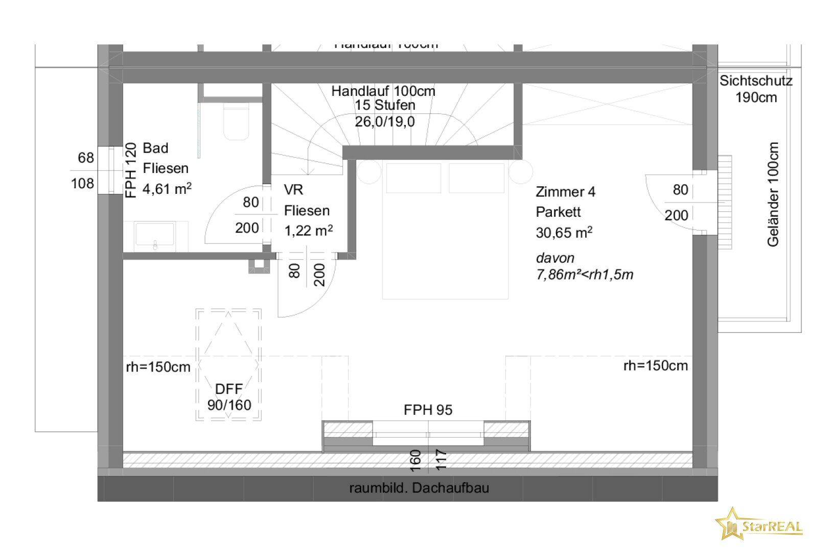 Grundriss des Dachgeschosses mit großem Zimmer, Bad, Dachschrägen und Dachflächenfenster.