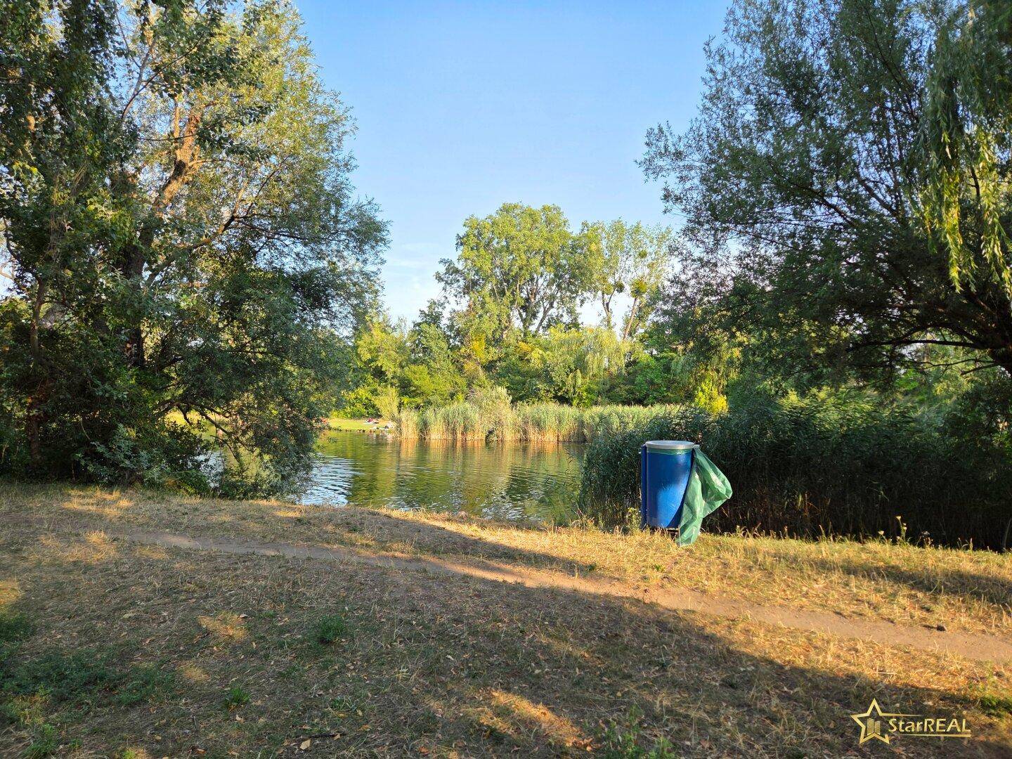 Natürliche Umgebung mit einem See, umgeben von üppigem Grün und Bäumen unter blauem Himmel.