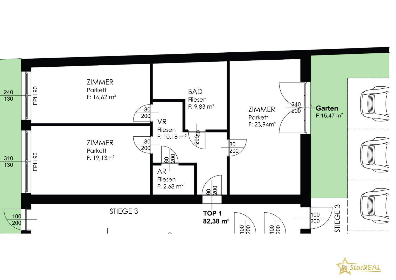 Grundriss der Wohnung Top 1 mit drei Zimmern, Bad und Gartenanteil.