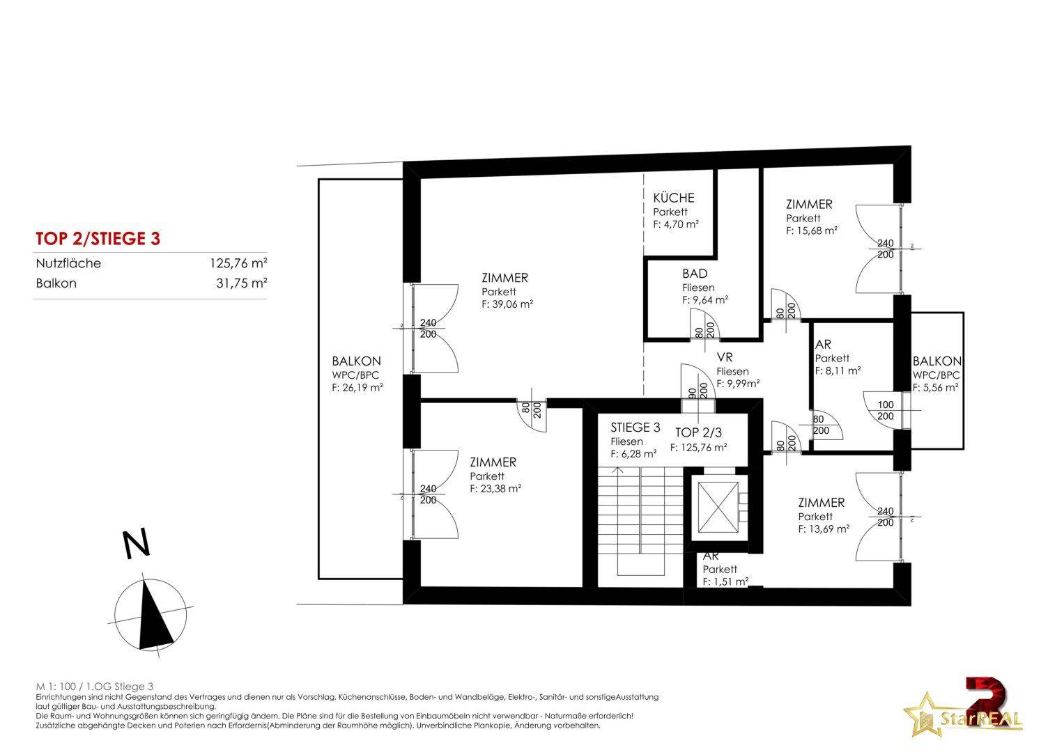 Grundriss der Wohnung TOP 2/STIEGE 3 mit mehreren Zimmern, Küche, Bad und zwei Balkonen, inklusive Aufzug.