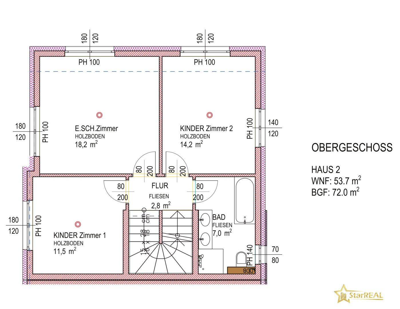 Grundriss des Obergeschosses mit drei Schlafzimmern und einem Badezimmer.