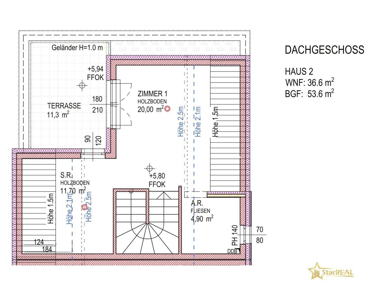 Grundriss des Dachgeschosses mit Zimmer, Abstellraum und großer Terrasse.