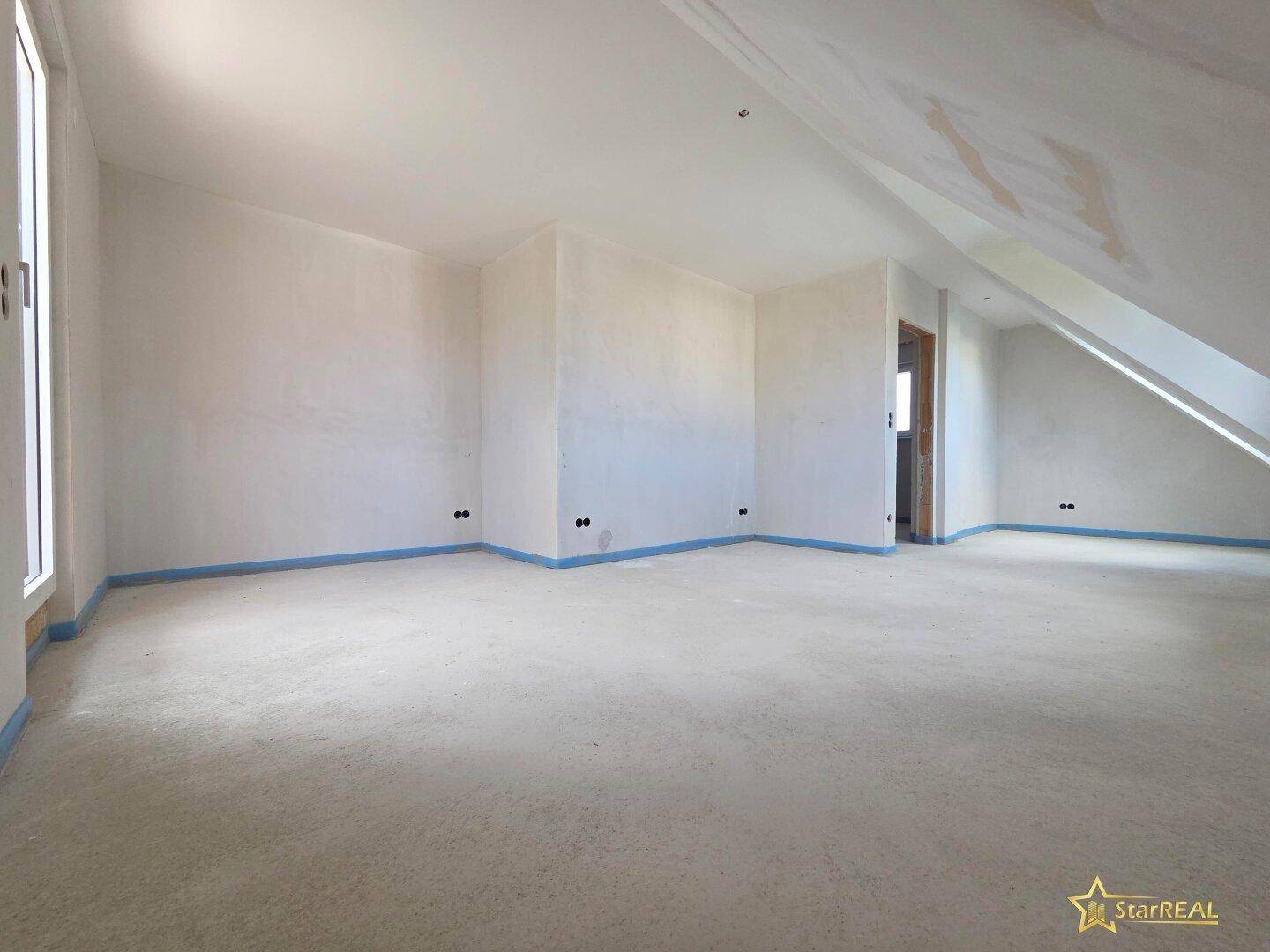 Geräumiger, unfertiger Dachbodenraum mit schräger Decke und Türöffnung.