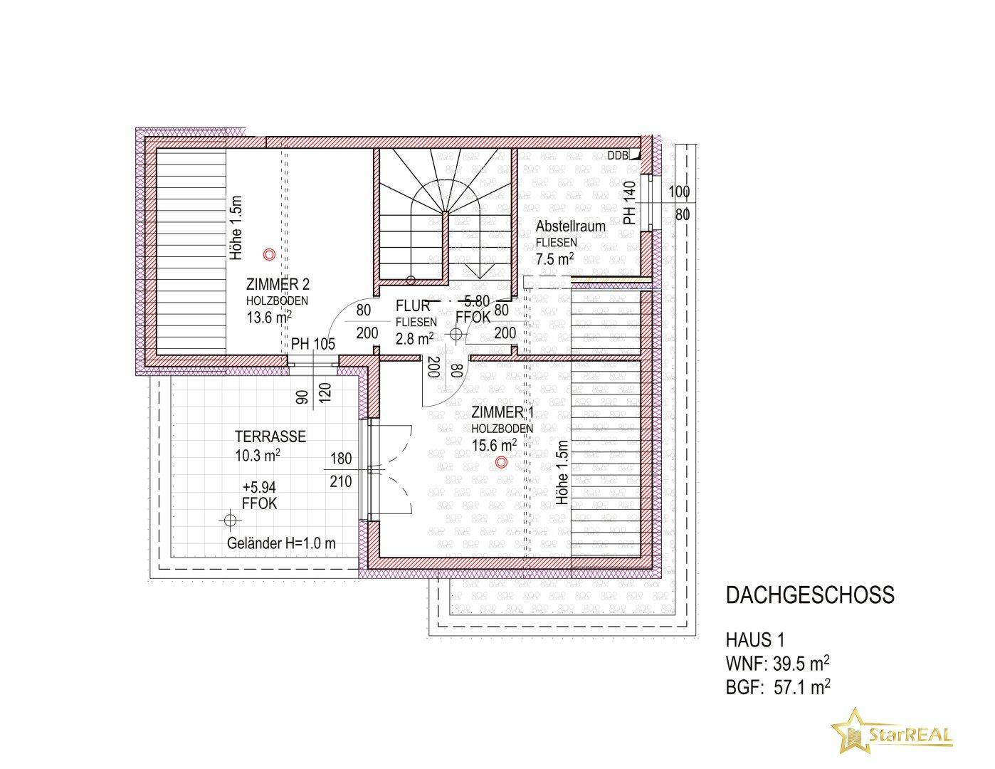 Detaillierter Grundriss des Dachgeschosses von Haus 1 mit zwei Zimmern und großer Terrasse.