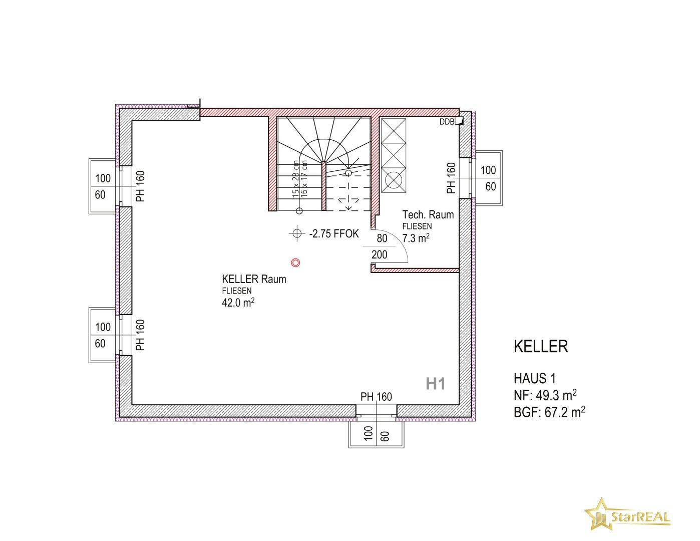 Detaillierter Grundriss des Kellers von Haus 1 mit großem Kellerraum und Technikraum.