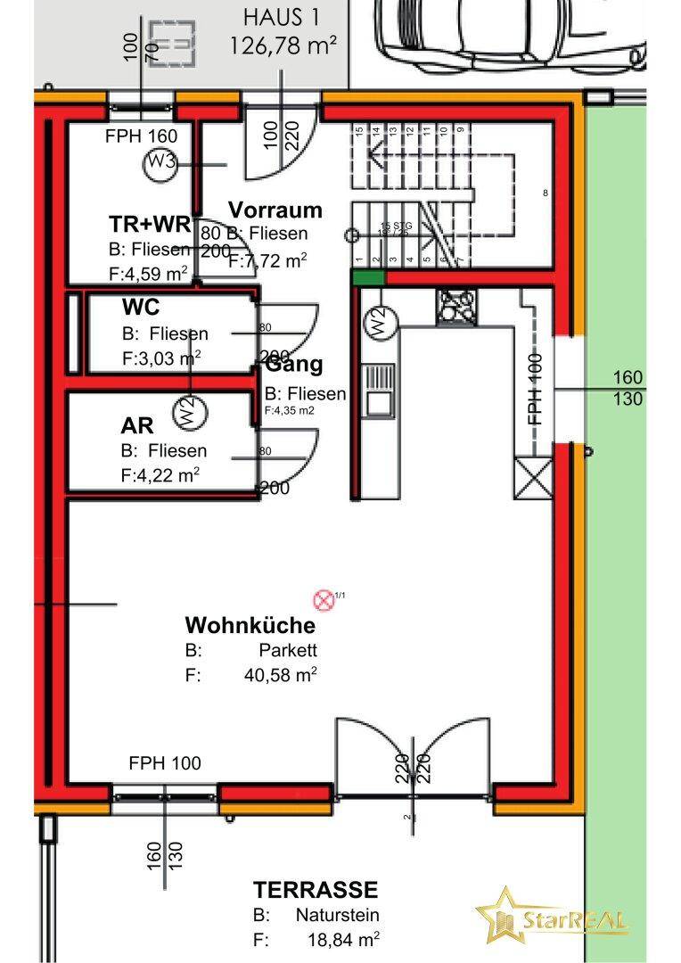 Detaillierter Grundriss des Erdgeschosses mit Wohnküche, Vorraum und separatem WC.
