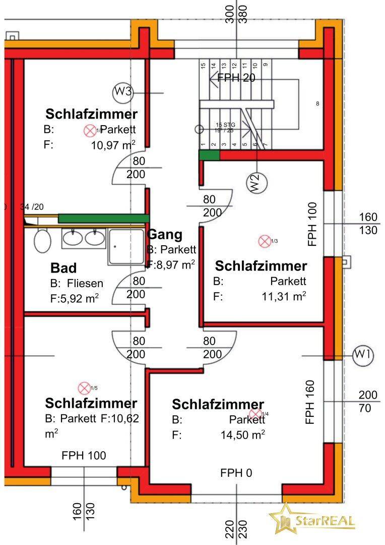Grundriss des Obergeschosses mit vier Schlafzimmern, einem Badezimmer und Treppenaufgang.