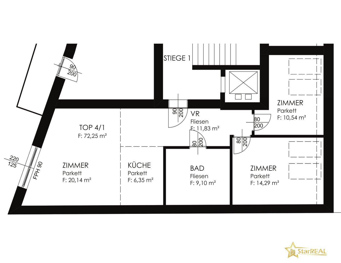 Grundrissplan einer Wohnung mit drei Zimmern, Küche und Bad.