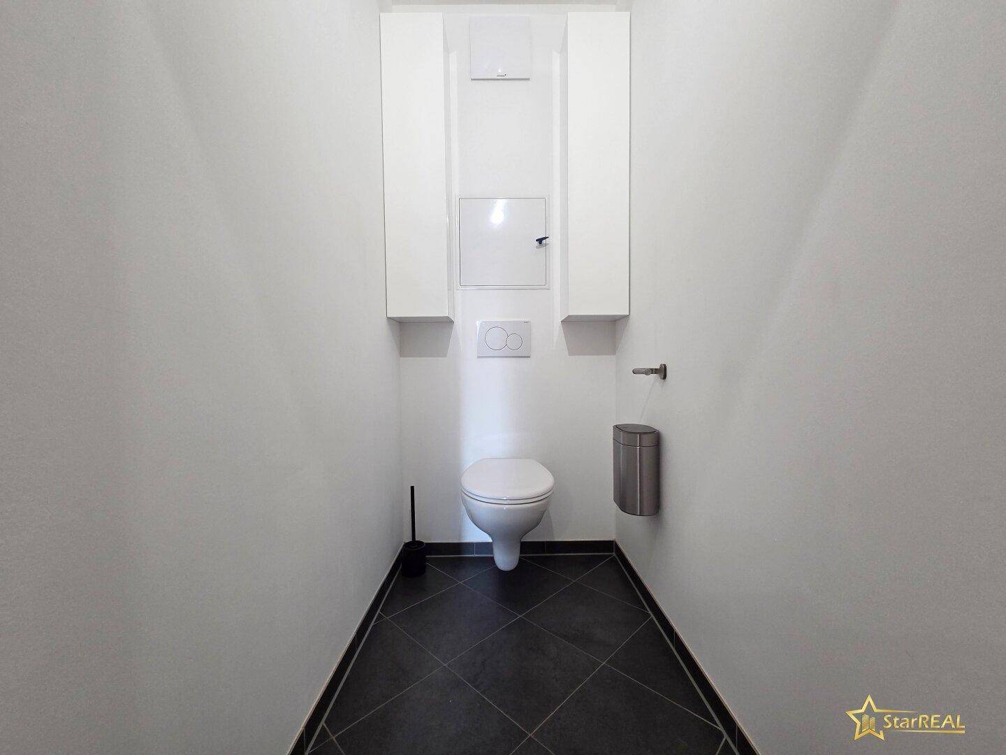 Modernes Gäste-WC mit dunklen Fliesen, weißer Wandgestaltung und wandhängendem WC.