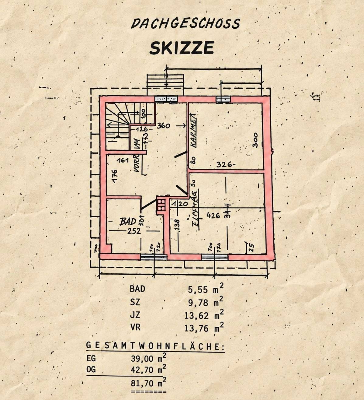 Historischer Grundriss des Dachgeschosses mit Bad, Schlafzimmern und Vorraum.