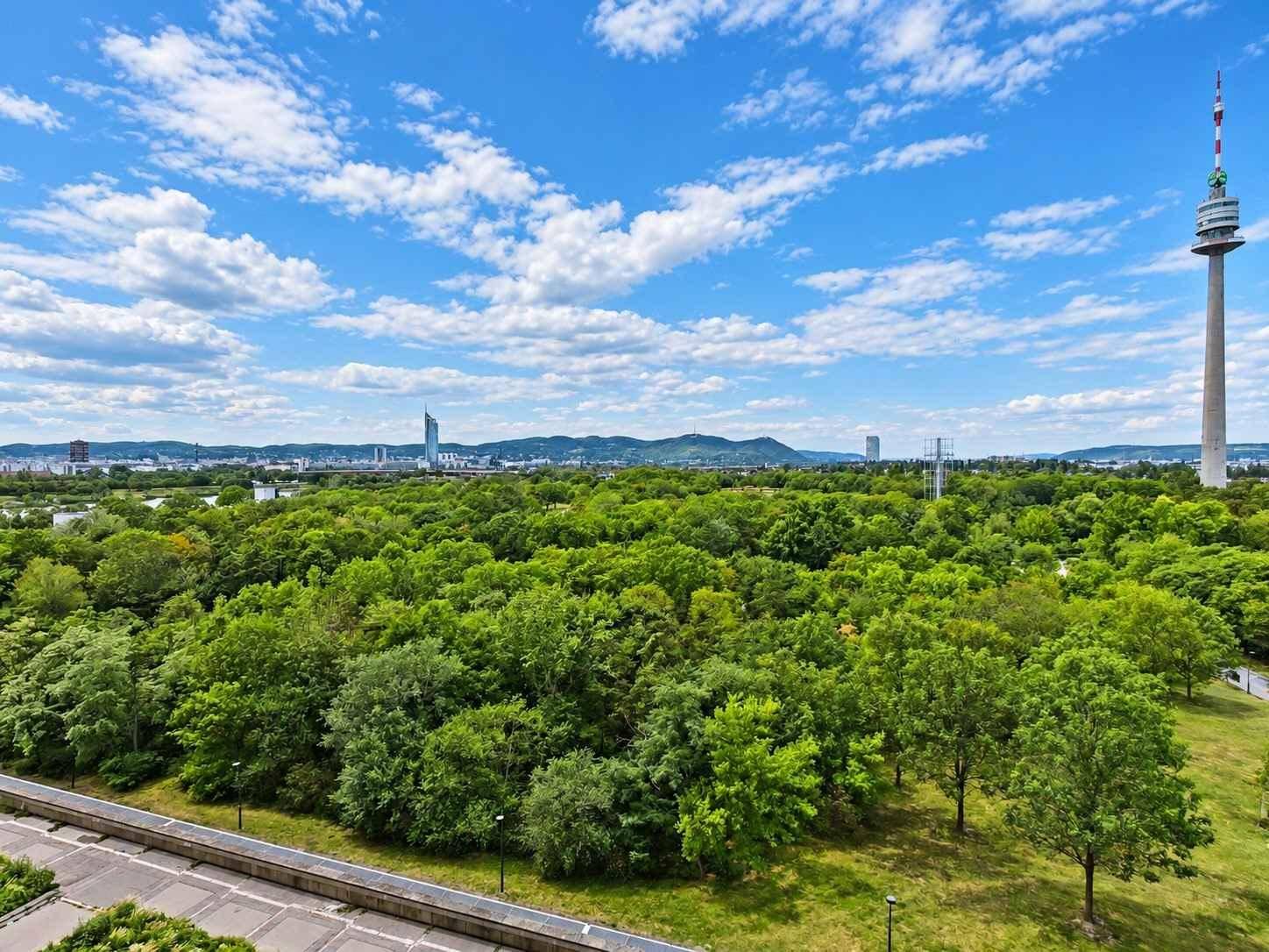 Atemberaubender Panoramablick vom Balkon über weite Grünflächen und die Stadtkulisse.