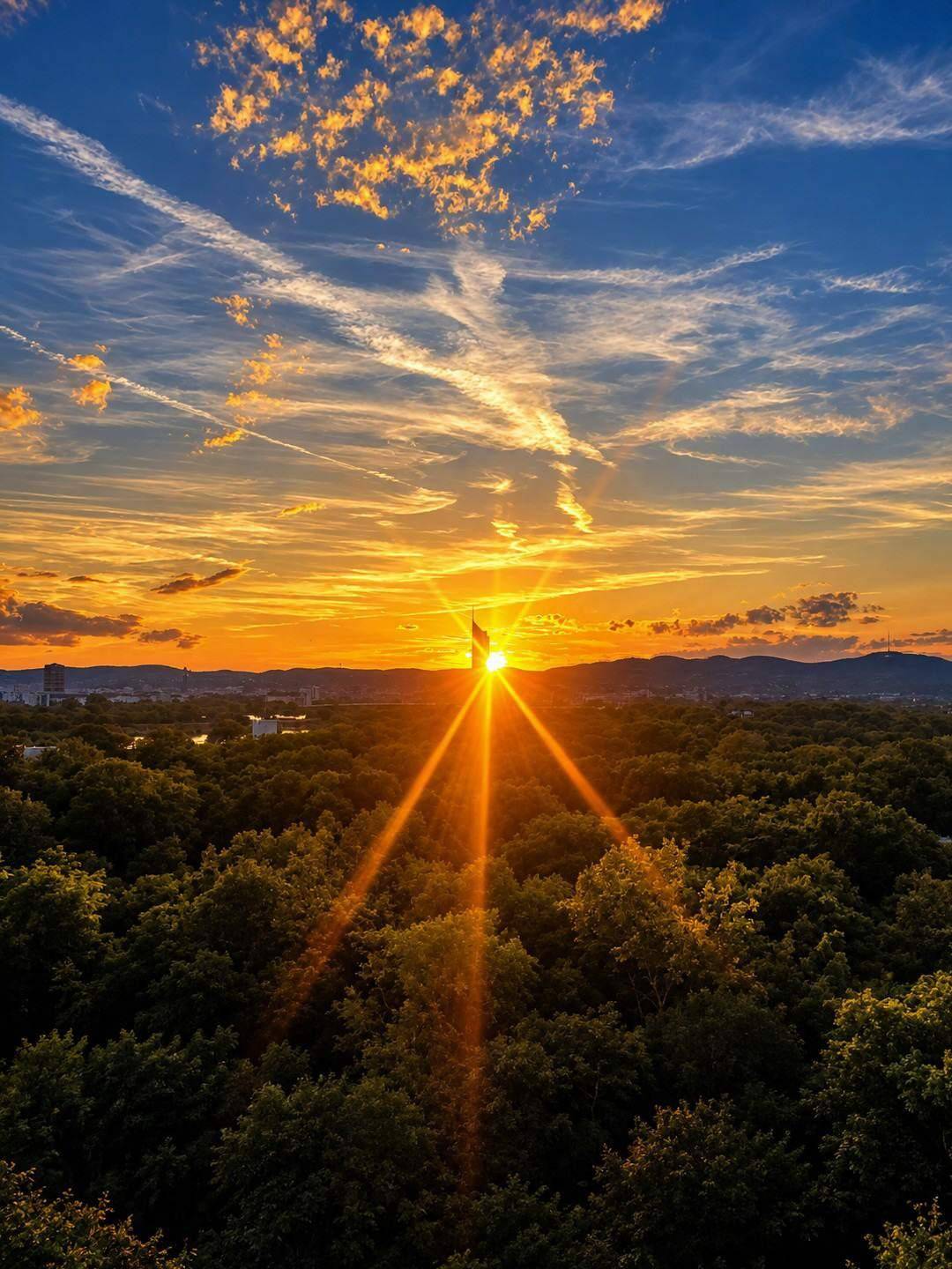 Spektakulärer Sonnenuntergang über einem Waldgebiet mit weitem Blick in die Ferne.